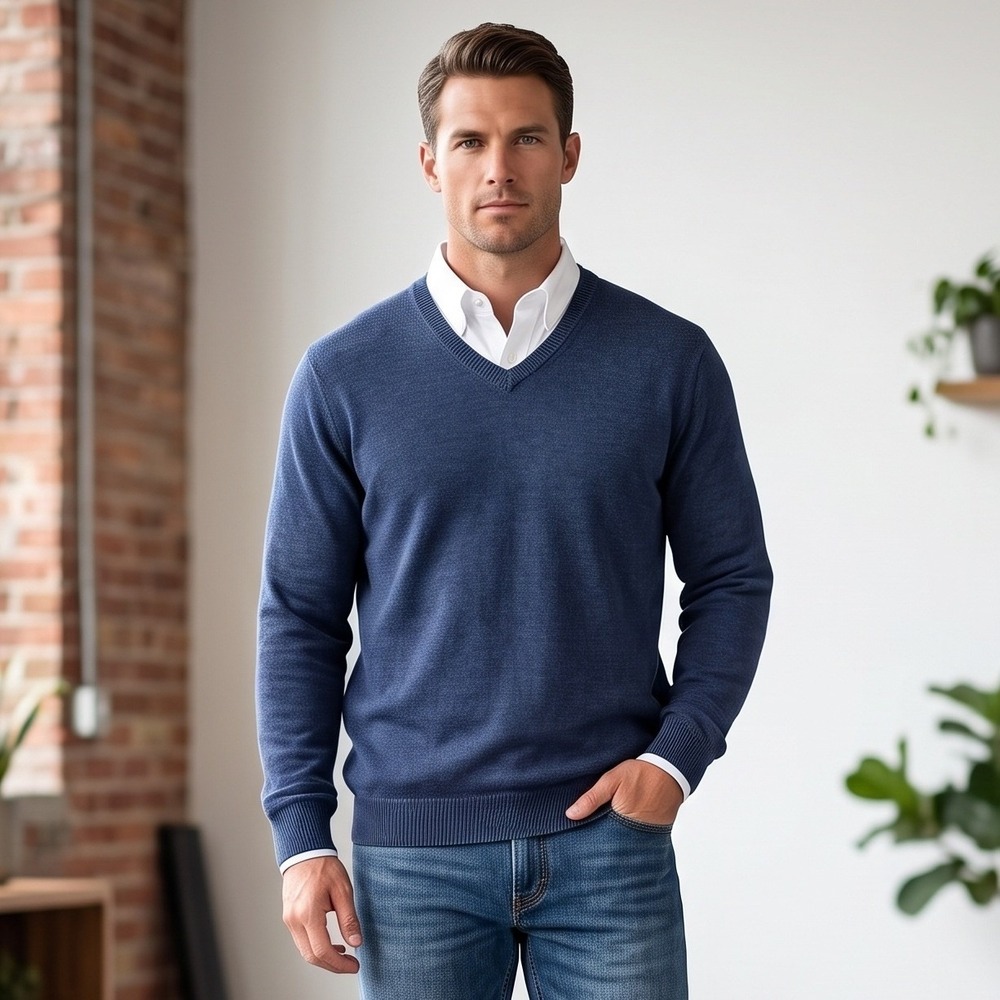 North Crest Mens XLT Navy Blue Sweater V-Neck Pullover 100% Cotton Long Sleeve